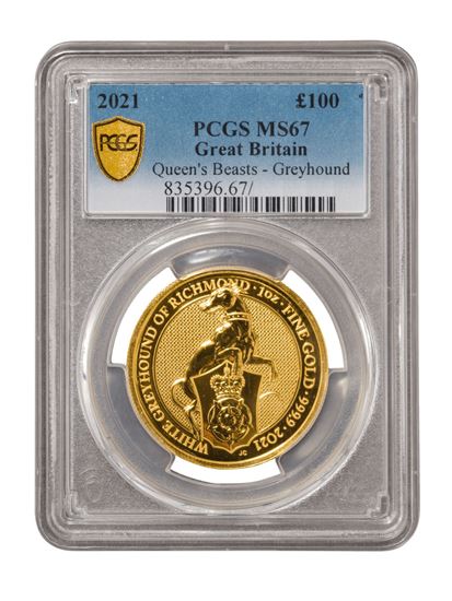 Picture of PCGS 2021 1oz Gold Queen's Beast 'Greyhound' MS67