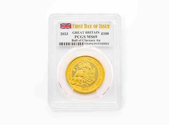 Picture of PCGS 2023 1oz Gold First Day of Issue Tudor Beast 'Bull' MS69
