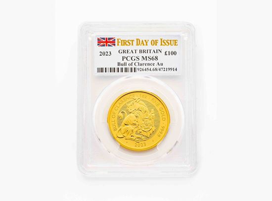 Picture of PCGS 2023 1oz Gold First Day of Issue Tudor Beast 'Bull' MS68