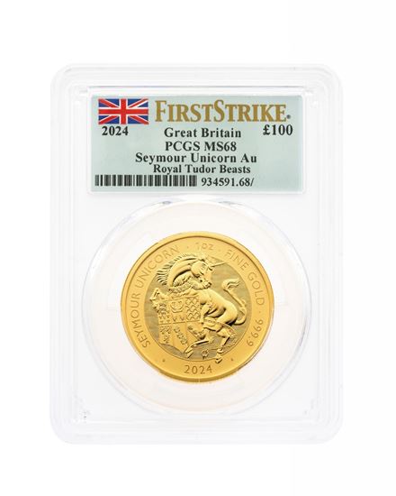 Picture of PCGS 2024 1oz Gold Tudor Beast 'Unicorn' First Strike MS68